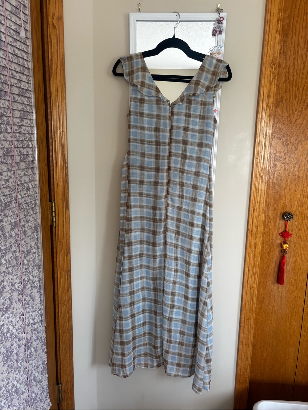 Plaid Sleeveless Maxi Dress in Light Blue and Brown - Picture 3 of 4